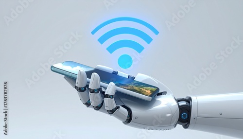 Realistic 3D render of a robotic hand holding smartphone with holographic WiFi signal floating above, representing AI, connectivity, and smart technology innovation