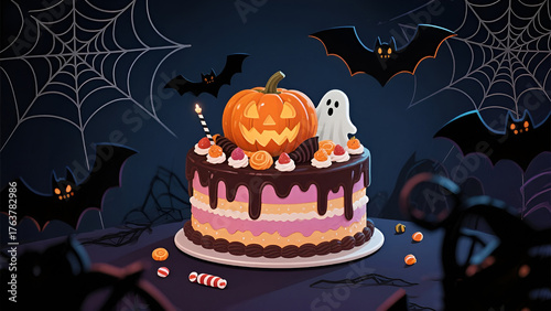 Halloween cake with skull-shaped candies on a minimal grey background.
