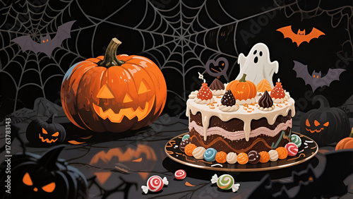 Halloween cake with skull-shaped candies on a minimal grey background.
