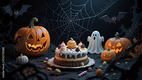 Halloween cake with skull-shaped candies on a minimal grey background.
