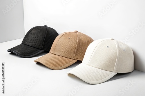 Three stylish baseball caps in black tan and cream colors