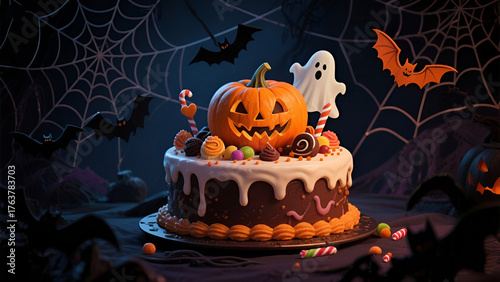 Halloween cake with skull-shaped candies on a minimal grey background.
