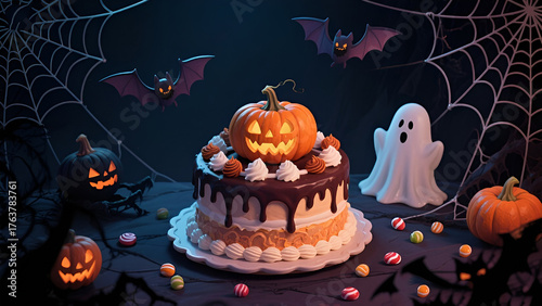 Halloween cake with skull-shaped candies on a minimal grey background.
