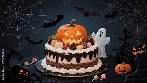 Halloween cake with skull-shaped candies on a minimal grey background.
