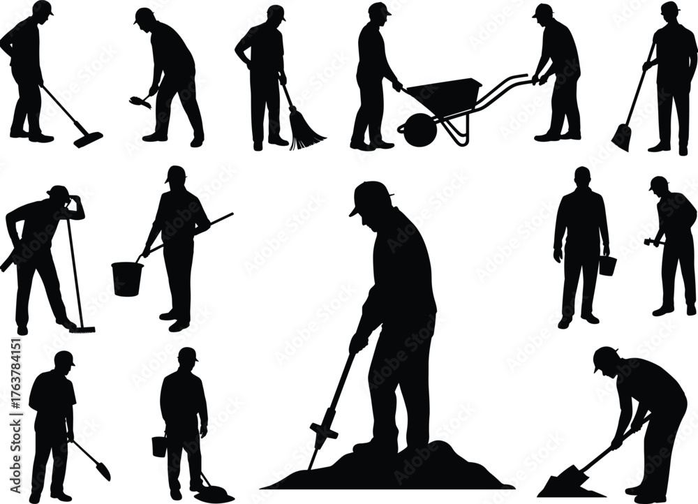 Obraz premium Construction worker silhouettes, black and white labor vector, manual tool poses, sweeping shoveling wheelbarrow artwork, industrial site design elements