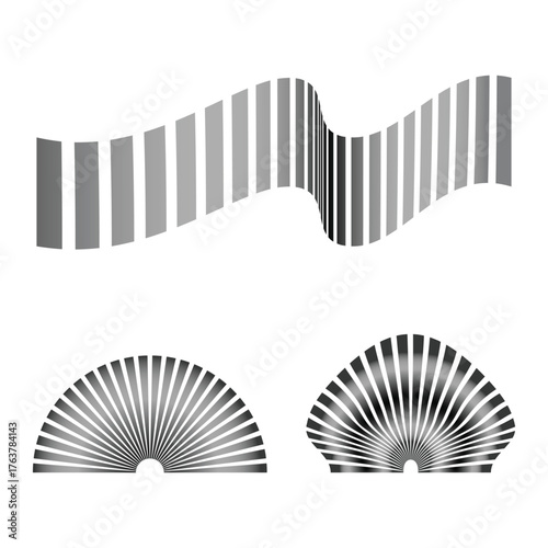 Abstract black and white shapes including a wavy line and two fanlike shapes with radiating lines on white background