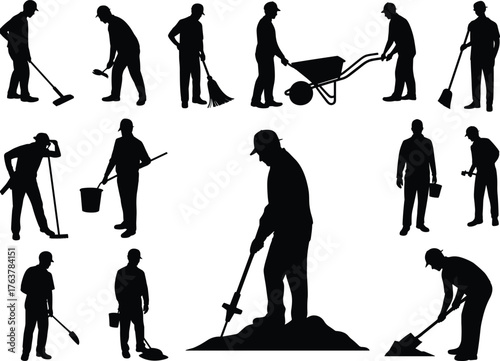 Construction worker silhouettes, black and white labor vector, manual tool poses, sweeping shoveling wheelbarrow artwork, industrial site design elements