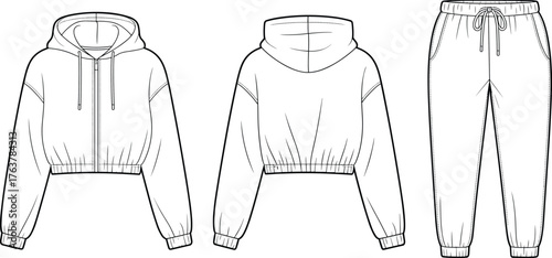 Cropped hoodie and joggers flat fashion CAD vector illustration, loungewear technical drawing, women’s tracksuit template, casual athleisure outfit design
