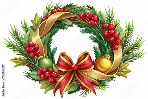 Elegant Christmas wreath with pine branches, red berries, and golden ribbon on white background, festive decoration.