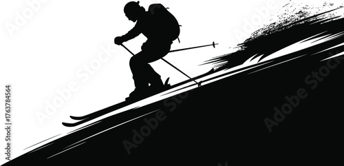Downhill skier silhouette illustration, black and white winter sport vector, dynamic slope descent artwork, outdoor adventure design, snow motion graphic