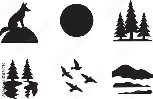 Collection of nature scene silhouettes isolated on white background