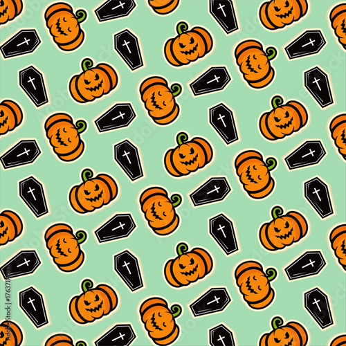 Halloween pattern with pumpkins and coffins on a teal background