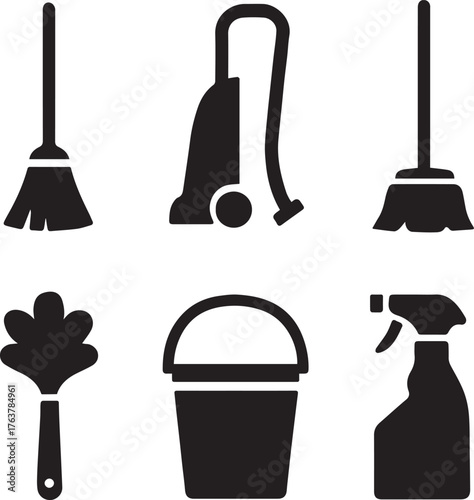Collection of cleaning tools silhouette isolated on white background