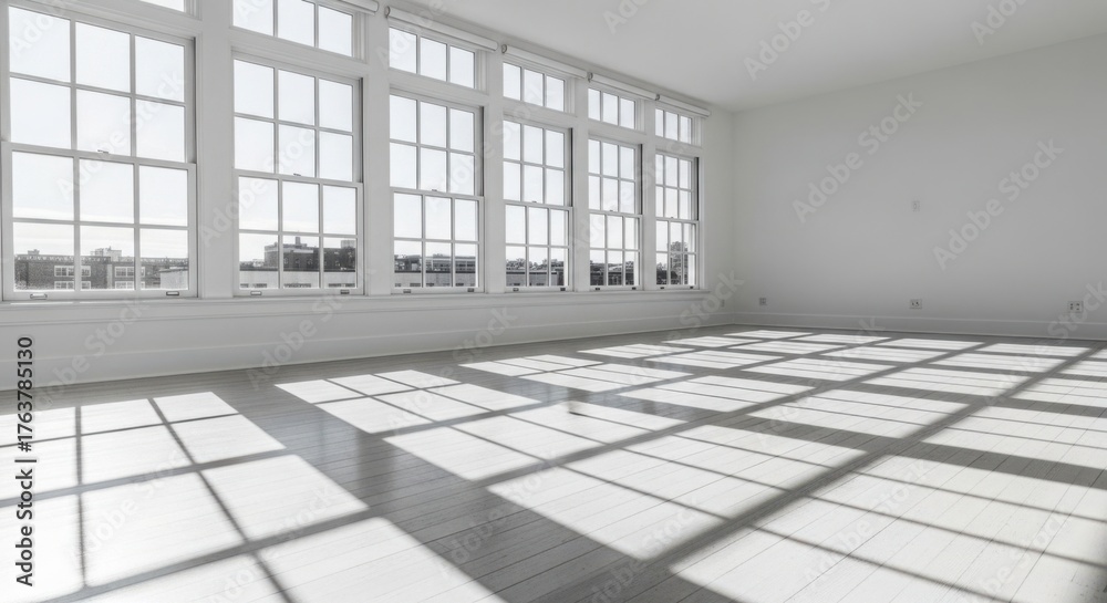 Obraz premium Sunlit empty room with large windows and floor shadows