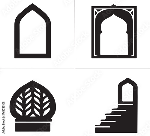 Four islamic architectural elements silhouette isolated on white background