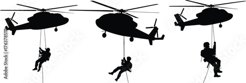Helicopter rappelling operation, silhouette rescue team, aerial descent training, military coordination, tactical maneuver, airborne mission, rope descent, emergency response, teamwork in action