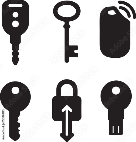 Collection of keys and padlock silhouette isolated on white background