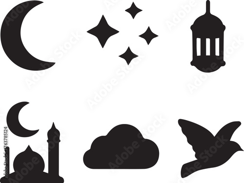 Islamic cultural symbols silhouette icons isolated on white background