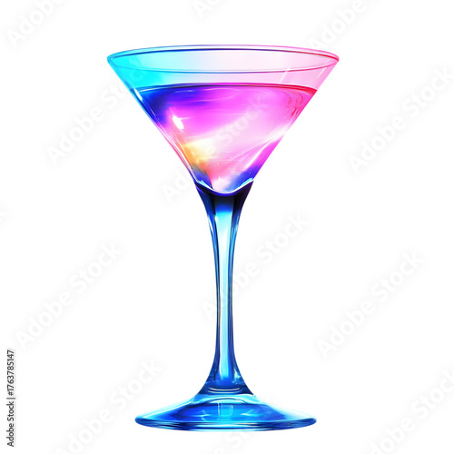 A martini glass with a colorful cocktail inside.
A martini glass is a glass used for serving martini-type cocktails. It is isolated on a transparent background.