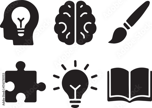 Set of creative thinking and learning icons silhouette isolated on white background