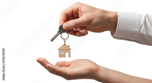 Key Handover Concept with Male and Female Hands on Transparent Background, Real Estate Deal Symbol with House Key Exchange, New Home Ownership Gesture with Wooden House Keychain, Property Transaction 