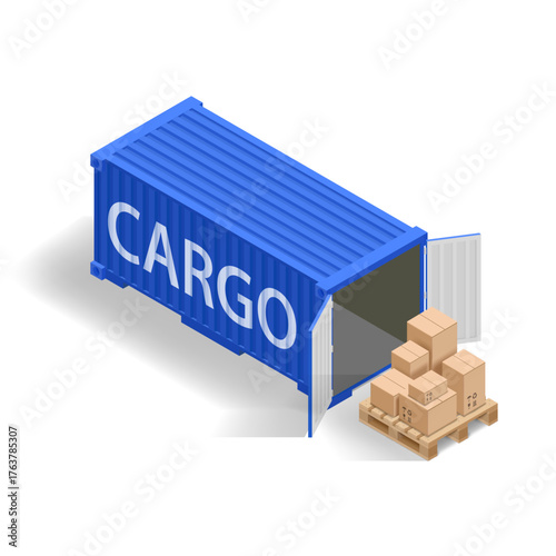 Isometric blue cargo container for shipping with cardboard boxes. Isolated on a white background. Vector mockups.