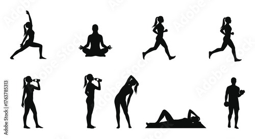 Silhouette of a woman doing different exercises, yoga, running, and weightlifting