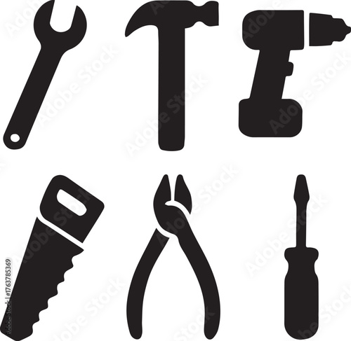 Collection of hand tools silhouette isolated on white background