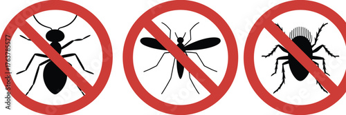 Insect prohibition silhouette illustration, black pest icons in red circle vector, ant mosquito beetle prevention artwork, pest control design elements