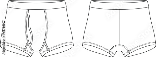 Men's boxer briefs technical sketch, contoured pouch with vertical fly, center back seam, stitched waistband and leg openings, cad drawing flat vector illustration