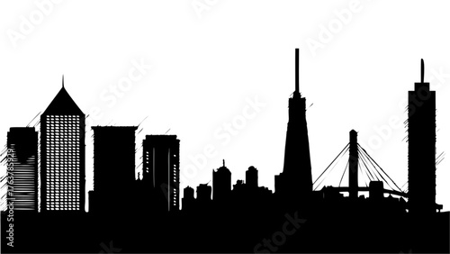 Modern city skyline silhouette with diverse skyscrapers and bridge, representing urban growth and ambition