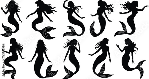 Mermaid silhouette collection in elegant poses, underwater fantasy character illustration, vector art of mystical sea maid with flowing hair and fish tail