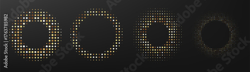 Gold circle halftone glowing rings set. Luxury round glitter frames with golden particles.