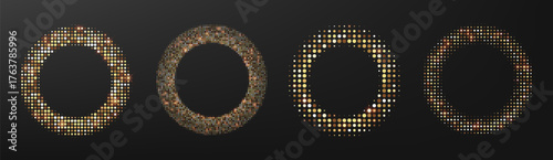 Golden halftone circle. Ring frames. Luxury glitter dots glowing round pattern isolated design