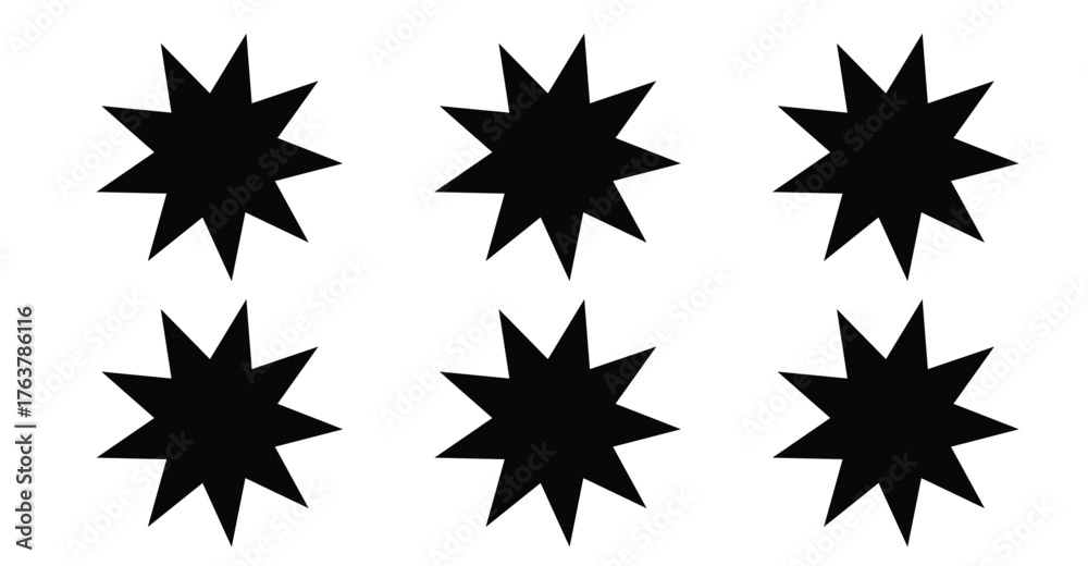 Obraz premium Black twelve-pointed stars in symmetrical grid on white background, abstract geometric design for pattern, icon, or conceptual visualsPrint 