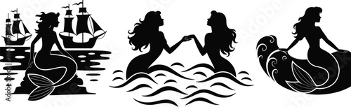 Mermaid silhouette illustration, fantasy sea art, ocean mythology concept, black and white vector design, underwater beauty artwork, nautical mythical creature drawing