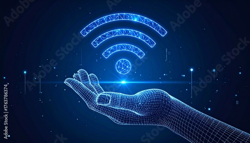 Realistic 3D render of wireframe digital hand holding smartphone showing WiFi icon with abstract data and tech background, concept of future digital network