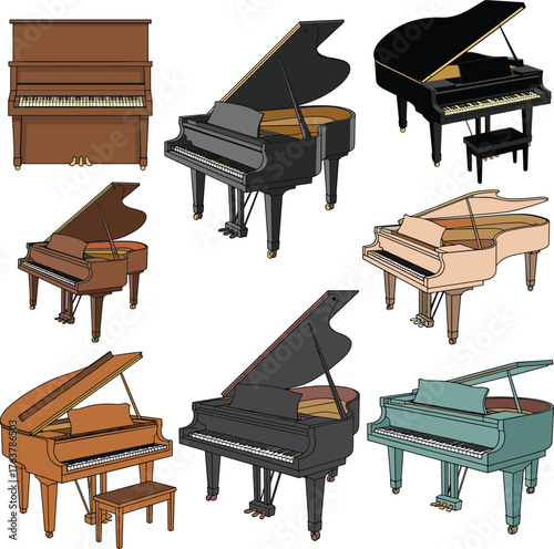 Piano illustrations set, upright and grand styles, colorful musical instruments, keyboard art collection, open lid designs, music education vector clipart