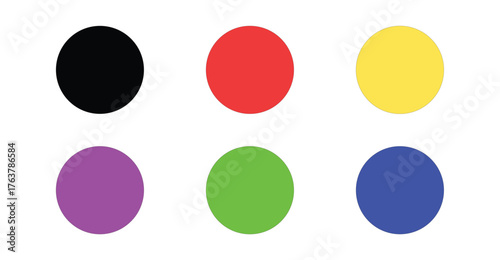 Colorful six-circle grid on white background featuring black, red, yellow, purple, green, and blue tones, abstract design for creative use 