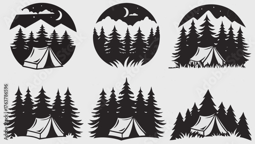 Explore serene mountain nights with cozy tents nestled amongst pine forests, perfect for adventure and nature themes.