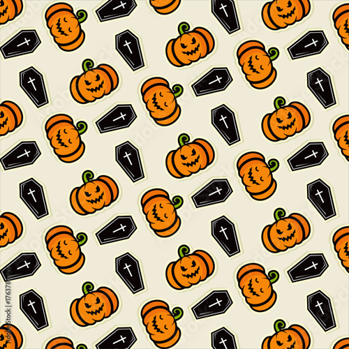 Halloween pattern with pumpkins and coffins on a cream background