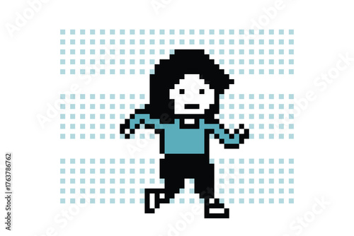 Pixel cartoon exercise race run 8bit character woman girl run running jog cardio lifestyle decor female jog marathon exercise 8 bit vector.