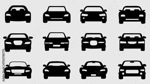 Collection of sleek modern car icons showcasing diverse automotive designs from a frontal view