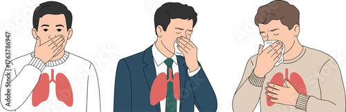 Respiratory health awareness, coughing individuals, lung illustration, illness symptoms, hygiene practice, public health concept, diverse people, lung care, medical education, infection prevention