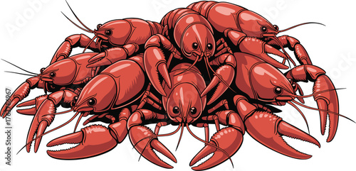 Red lobster pile illustration, stylized crustacean vector artwork, seafood cluster design, bold marine animal composition, culinary and artistic graphic elements