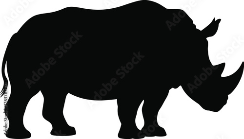Rhino silhouette vector illustration, black wild animal design, endangered species artwork, African wildlife graphic, strong horned mammal shape, safari nature icon