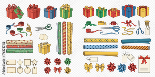Illustration of gift wrapping supplies including paper, bows, and presents.