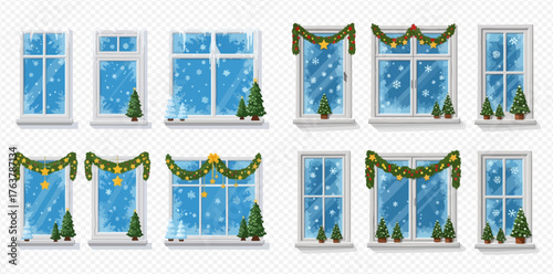Collection of windows decorated for winter with garlands and snow.