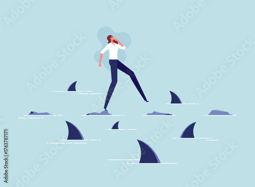Small step to overcome difficulty or stepping stones to success concept, businesswoman walking a risky path, walks over abyss, hard and dangerous life period