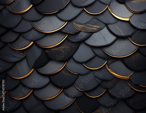 dark gray stone scales with gold accents overlapping in a repeating pattern creating a textured surface
